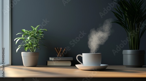 Wallpaper Mural A steaming cup of coffee on a wooden table near green plants and books. Torontodigital.ca