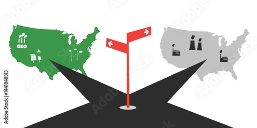 A road splits toward two USA maps: one green with renewable energy symbols, the other gray with polluting factories. A red signpost marks the environmental crossroads, possible ways, choices.