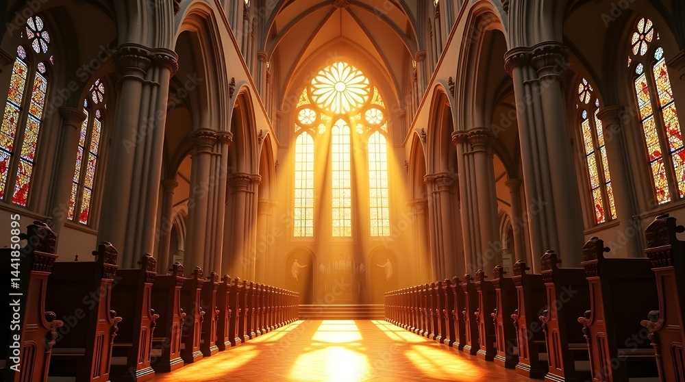 Fototapeta premium The inside of a Gothic cathedral is illuminated by sunlight.