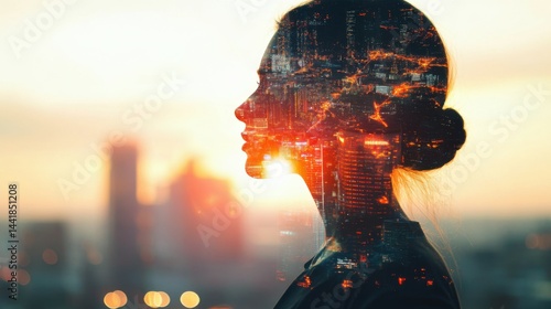 Double Exposure Image of Business Person on modern city background. Future business and communication technology concept