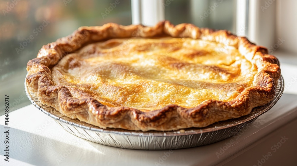 Freshly baked pie resting on windowsill with sunlight streaming in Freshly baked pie resting on windowsill with sunlight streaming in