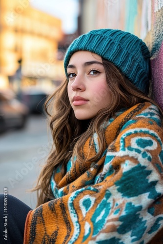 Teen girl wearing a beanie and colorful blanket sitting against urban wall, expressing casual street style, winter fashion, relaxed lifestyle, youth culture.