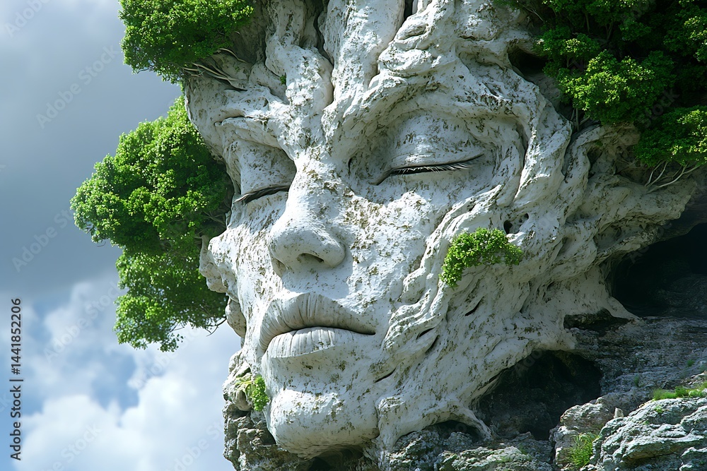 A serene, sculpted face formed from a rock and tree. A serene, sculpted face formed from a rock and tree.
