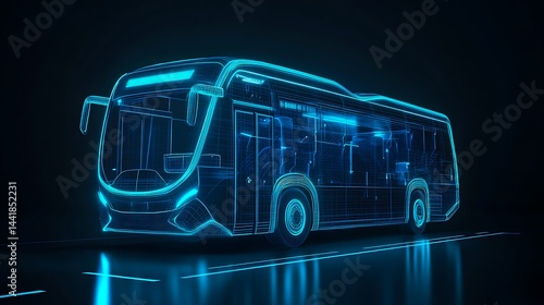 Futuristic digital bus with glowing wireframe design on dark background
