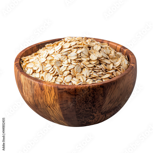 A wooden bowl filled with rolled oats, emphasizing the texture and color of the oats. isolated on white background and transparent background