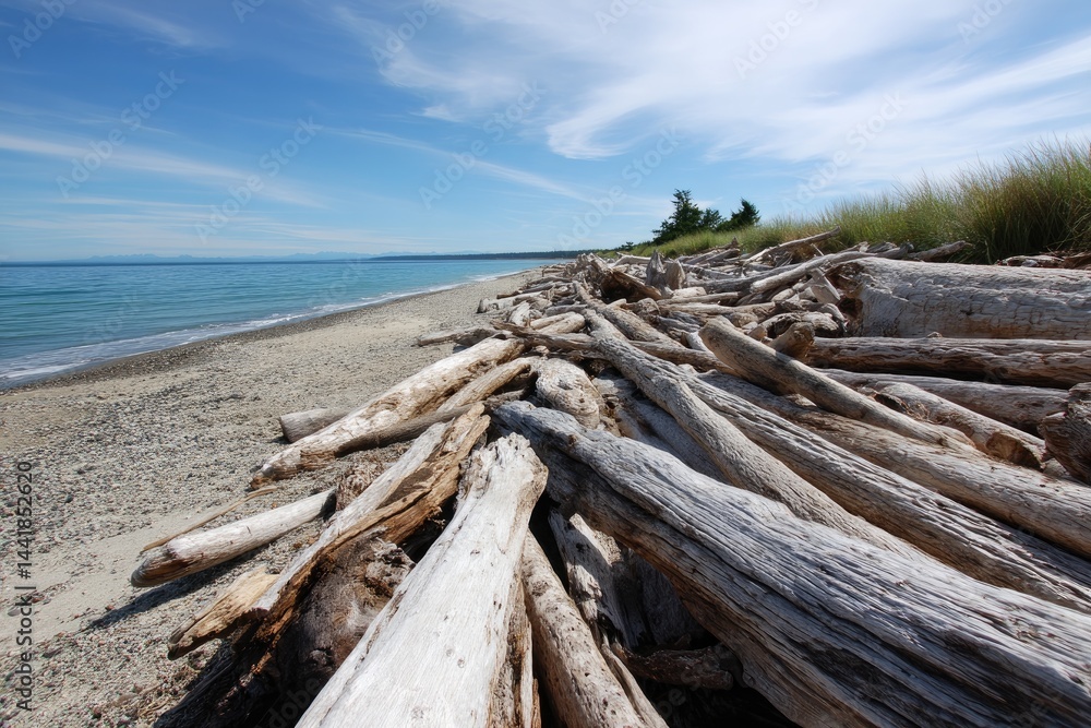 Coastal beach scene with driftwood accumulation. Coastal beach scene with driftwood accumulation.
