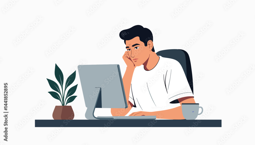 Bored man gazing at computer in minimalistic workspace, work monotony Bored man gazing at computer in minimalistic workspace, work monotony