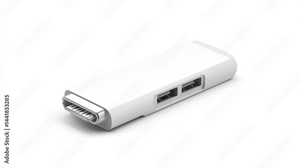 White USB hub with multiple ports on a white isolated background. White USB hub with multiple ports on a white isolated background.