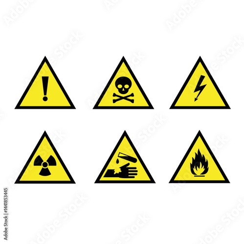 Caution icon set  
danger signs, deadly areas, high voltage, nuclear radiation, hazardous chemicals, fire prone areas
