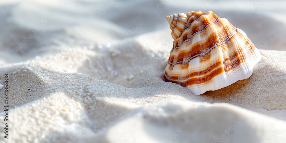 Clean shore: single shell right-aligned on white sand with vast empty area left