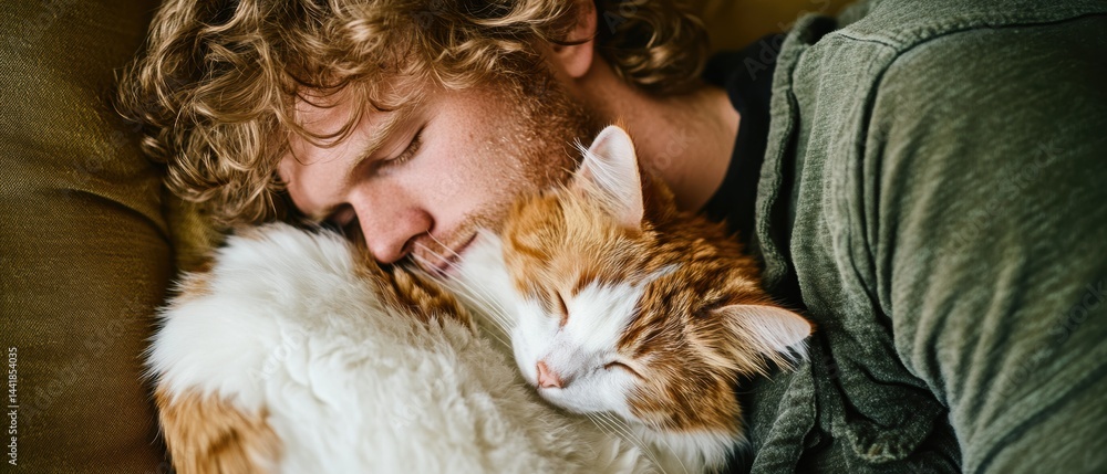 Man cuddling with fluffy orange and white cat indoor cozy home atmosphere relaxation bond connection pet ownership happiness comfort friendship. Man cuddling with fluffy orange and white cat indoor cozy home atmosphere relaxation bond connection pet ownership happiness comfort friendship.
