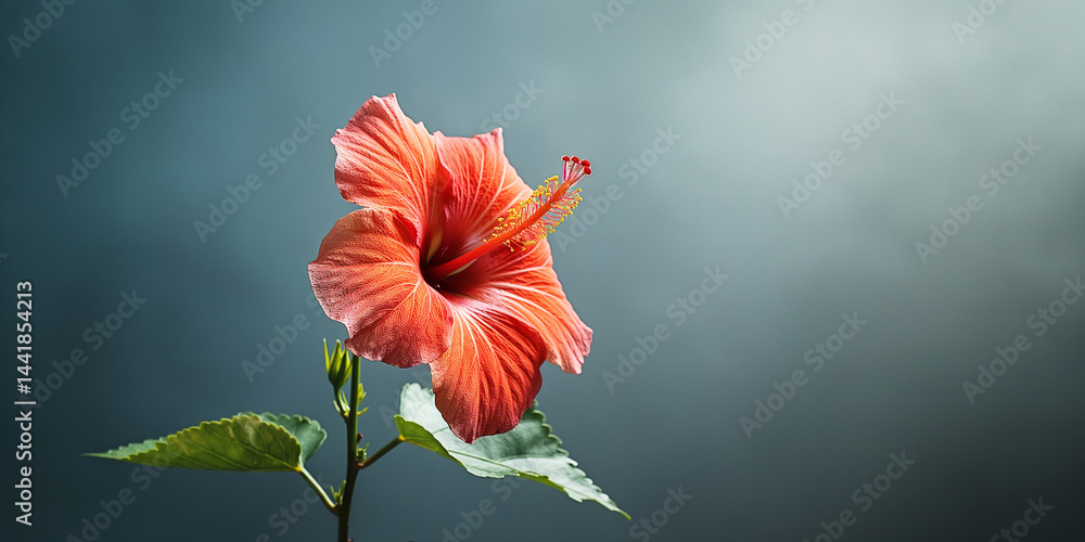 Vibrant hibiscus flower set against cool green grey field with generous empty space