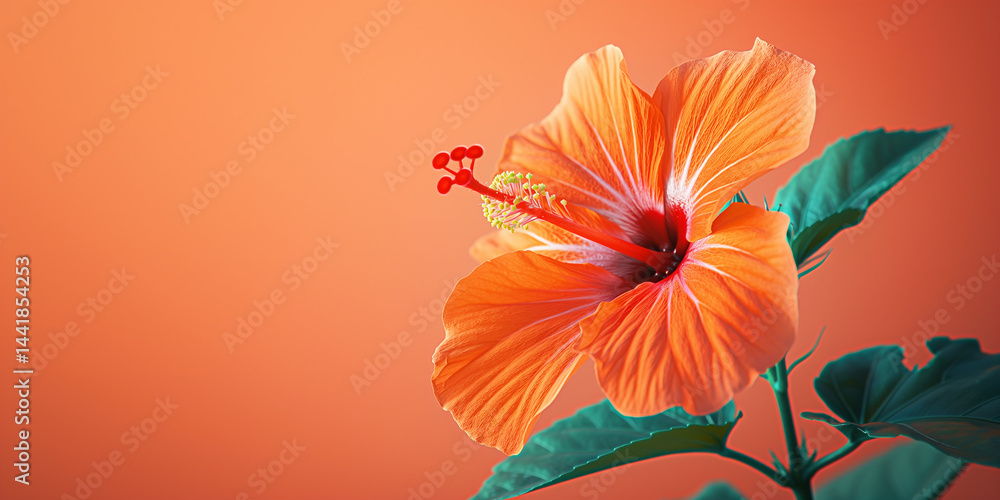 Tropical hibiscus bloom shining on warm coral canvas with ample white border