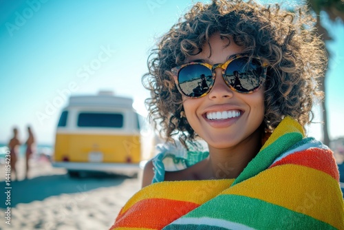Wallpaper Mural Smiling woman with curly hair wearing sunglasses on beach with colorful towel enjoying summer vacation near vintage camper van in sunny outdoor setting. Torontodigital.ca
