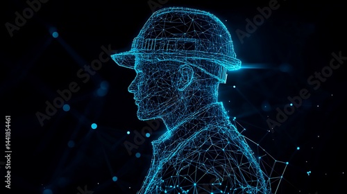 Digital wireframe construction worker made of glowing particles on dark background
