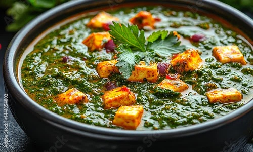 A vibrant bowl of palak paneer garnished with fresh coriander, set against a dark background