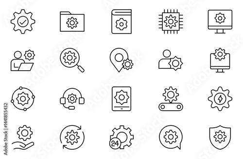Set of Setup and Settings Related Vector Line Icons. Contains such Icons as Installation Wizard, Download, Restore Options and more. Editable Stroke.