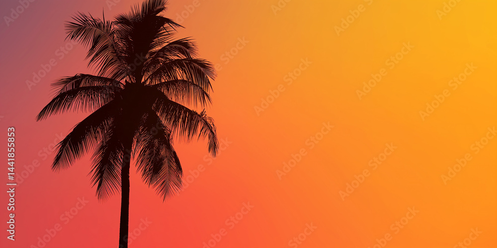 Dark palm tree silhouette set against a gradient of orange to purple sky with broad negative space