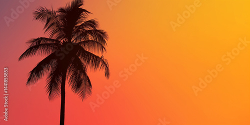 Obraz na płótnie Dark palm tree silhouette set against a gradient of orange to purple sky with broad negative space w salonie