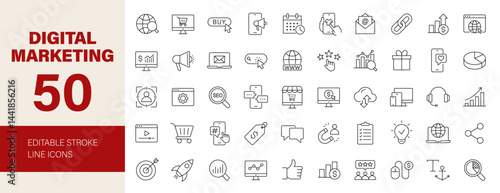 Digital marketing icon set. Online marketing related line icons: advertising, sales, SEO, content, website, social media, email, target, analytics and more. Editable stroke. Vector illustration.