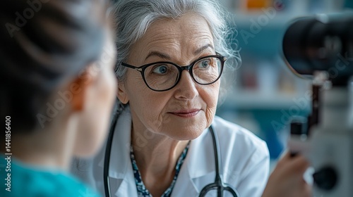 Experienced otolaryngologist examines a patient's ear, nose, and throat in a well-equipped clinic. The consultation takes place in a bright, professional setting focused on patient care