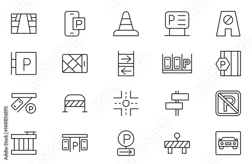 Parking outline icon set. Garage, paid parking, lift, automobile and car parking icon set. Road Trip Icons Sketchy Series