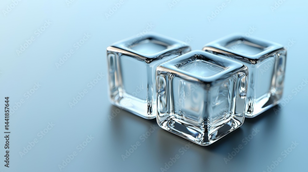 Three clear ice cubes arranged artistically on a smooth surface. Three clear ice cubes arranged artistically on a smooth surface.