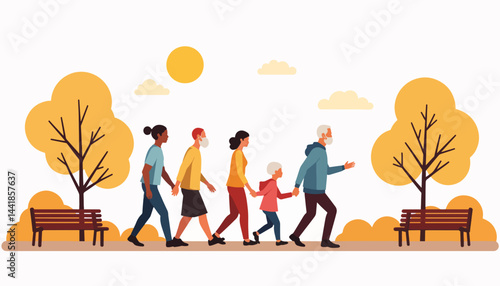 Family walking with elderly parents in park, togetherness and care