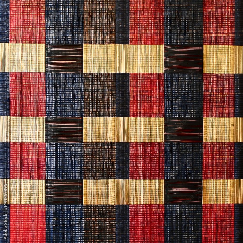 Colorful woven pattern with squares in red, blue, yellow, and black. Colorful woven pattern with squares in red, blue, yellow, and black.