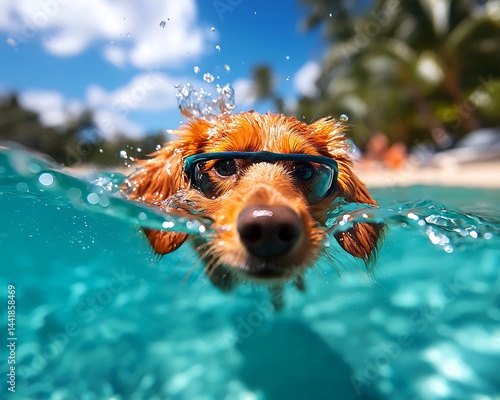 Dog wearing sunglasses swims underwater in turquoise water