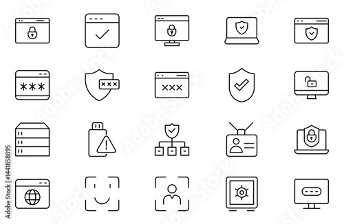 Security web icons in line style. Guard, cyber security, password, smart home, safety, data protection, key, shield, lock, unlock, eye access. Security outline icon set.