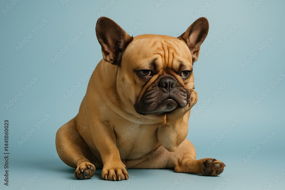 A grumpy French bulldog sits on a blue background, resting its chin on its paw, showing a deeply bored and comically annoyed expression, ideal for humor and personality-driven content A grumpy French bulldog sits on a blue background, resting its chin on its paw, showing a deeply bored and comically annoyed expression, ideal for humor and personality-driven content
