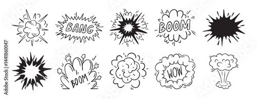 Bomb explosion or Comic explosion boom doodle hand drawn icon set. Outline drawing smoke cloud and fire flash. Atomic boom or dynamite detonation,