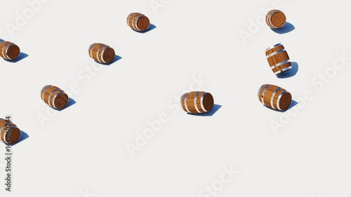 Many barrels rolling down on white background. 3d animation