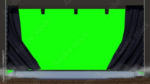 Animation of curtains opening scene with smoke on green background. 3d animation