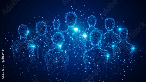 Futuristic glowing digital group of people made of blue particles and network connections on dark background
