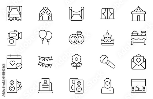Events and Planning icon set. Includes balloon, confetti, party hat, gift, event ticket, decoration, and more. Editable stroke. Vector illustration