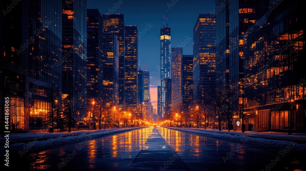 Fototapeta premium Night Cityscape: Illuminated Skyscrapers Reflecting on a Wet Street in Winter
