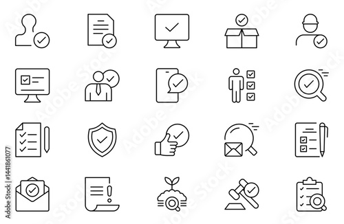 Inspection outline icons set. Pack of inspection, hire, calculation money, coaching, protection, cooperation, success, task. Vector illustration