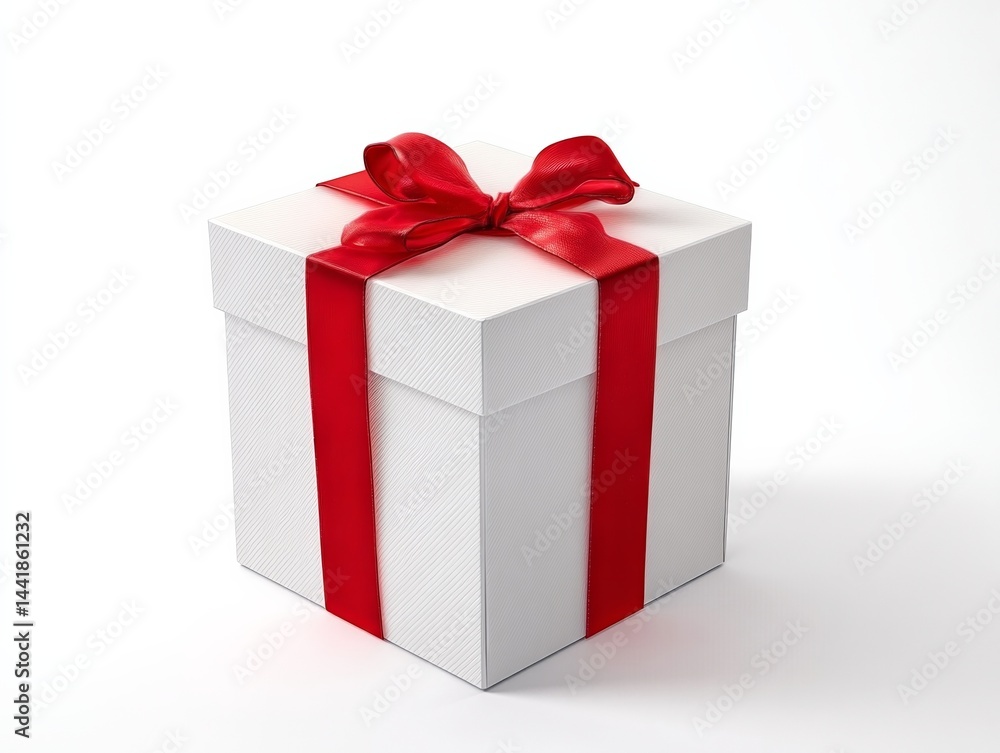 White gift box with red ribbon on white background, high-resolution photorealistic design, perfect for holiday and celebration use. White gift box with red ribbon on white background, high-resolution photorealistic design, perfect for holiday and celebration use.