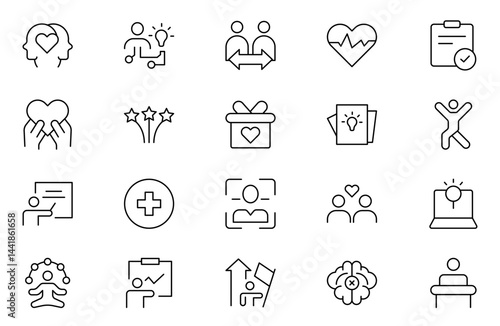 Positive thinking web icons set in thin line design. Pack of family value, reflection, emotional control, confidence, gratitude, relationship, other outline stroke pictograms. Illustration.