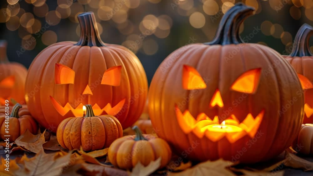 Jack-o'-lanterns glowing among autumn leaves at Halloween Jack-o'-lanterns glowing among autumn leaves at Halloween