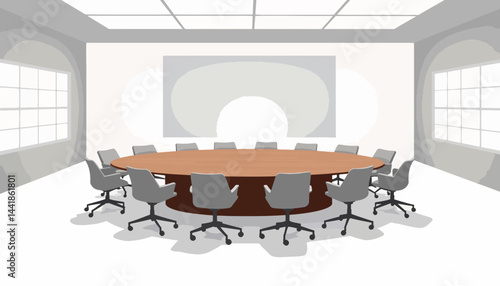Modern boardroom with oval table and ergonomic chairs, collaborative workspace
