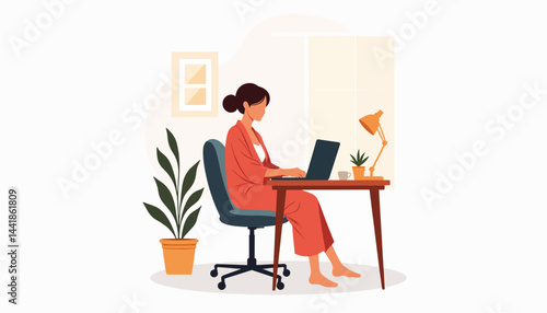 Focused mom working on laptop in modern home office, productivity