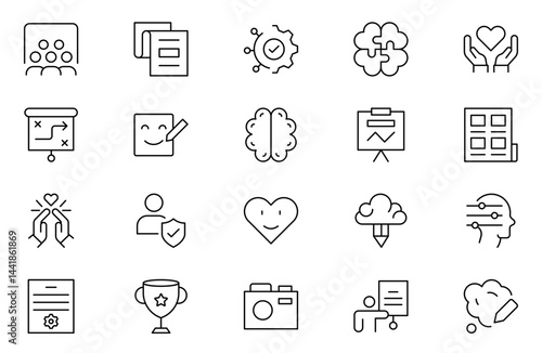 Positive thinking web icons set in thin line design. Pack of family value, reflection, emotional control, confidence, gratitude, relationship, other outline stroke pictograms. Illustration.