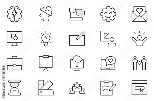 Positive thinking web icons set in thin line design. Pack of family value, reflection, emotional control, confidence, gratitude, relationship, other outline stroke pictograms. Illustration.