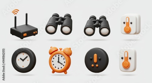 Isometric Icons: Router, Binoculars, Clock, Thermostat