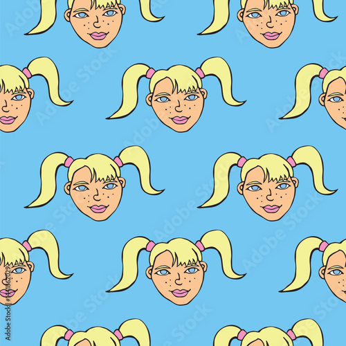 Vector Seamless pattern with cartoon face girl or woman with two ponytails. Hand drawn heads of kids people in doodle style. Childish, girlish fun cute texture backdrop.