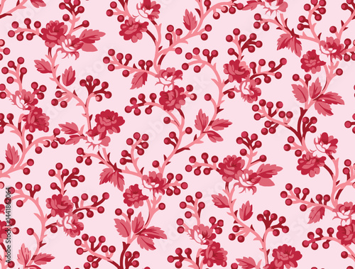 A seamless floral pattern featuring elegant rose vines and berry-like clusters in romantic shades of red and pink over a blush pink background