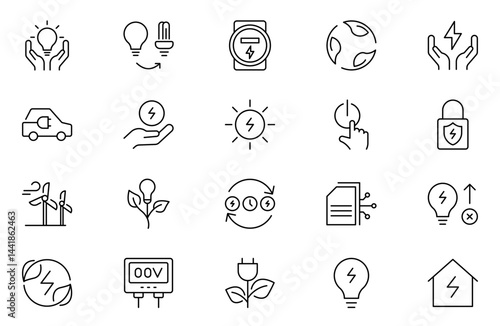 Energy Saving icons set, with conservation, reduce waste, consumption, management, efficiency, gas emission and green house. Eco related icons Energy Costs, Power ConsumptionGreen House